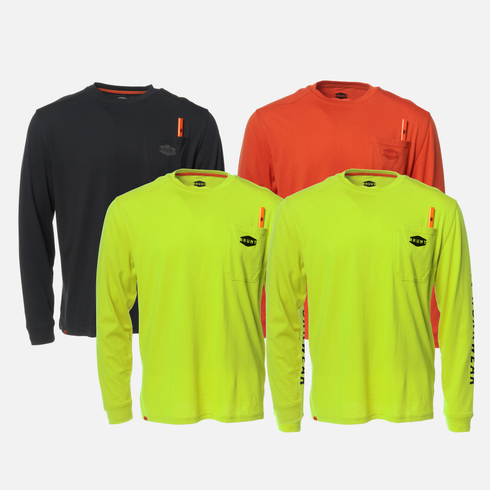 Four of the BRUNT high quality long sleeve pocket tee in black, BRUNT Orange and Hi Vis Yellow * 0