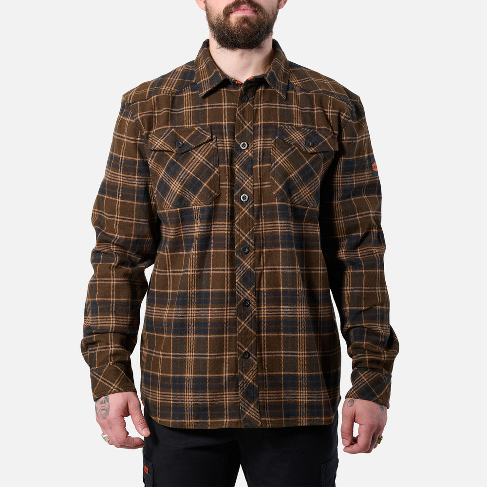 View 1 front of the BRUNT heavy duty stretch work flannel in dark brown plaid * 0