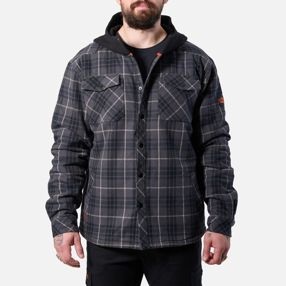 View 1 front of the BRUNT quilted flannel work jacket in charcoal and black plaid * 0