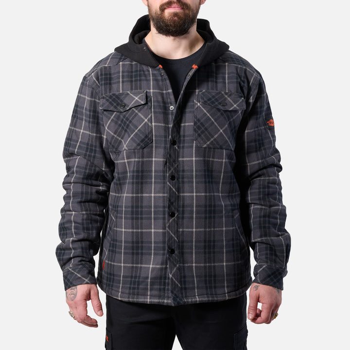 View 1 front of the BRUNT quilted flannel work jacket in charcoal and black plaid * 0