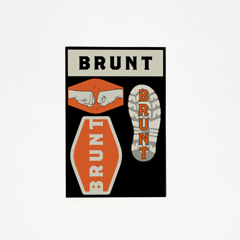 View 1 BRUNT workwear stickers in orange, tan and black