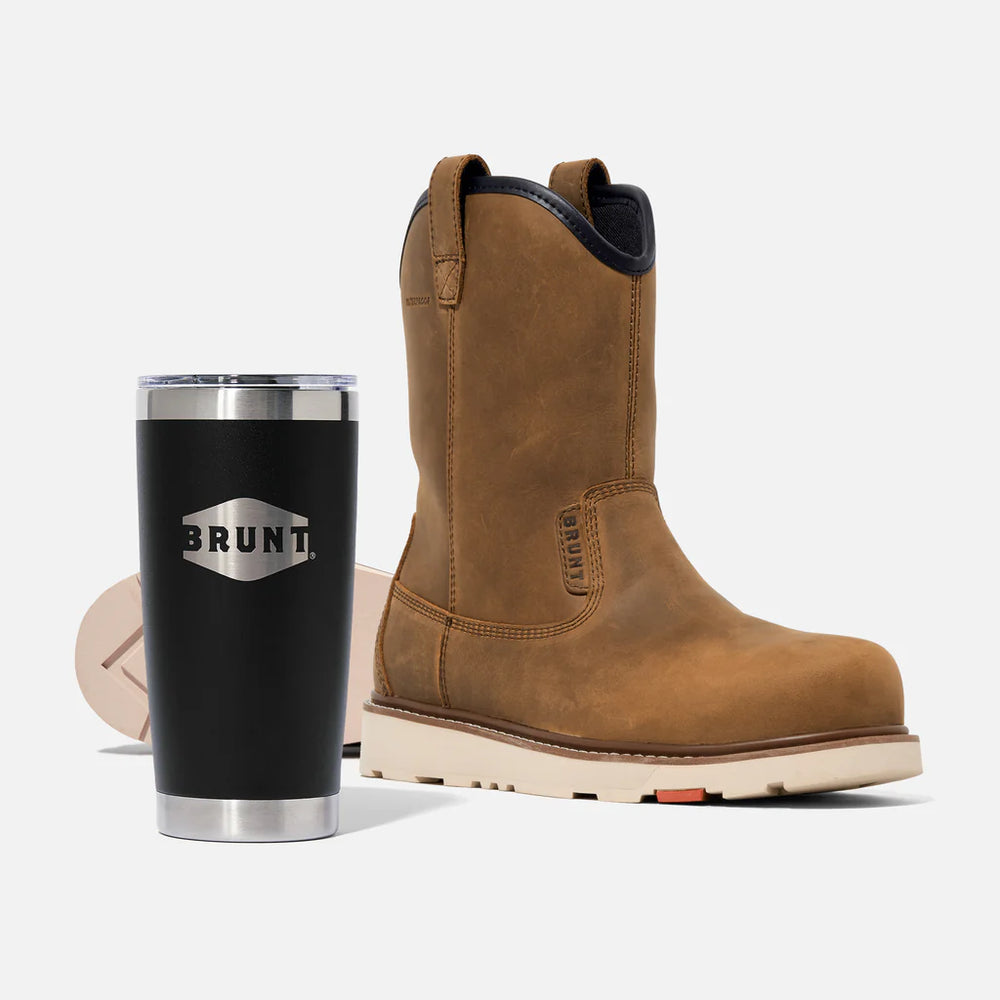 View 1 BRUNT 9 inch waterproof composite toe roper bolduc work boot in brown and 20oz BRUNT tumbler in black * # NEW