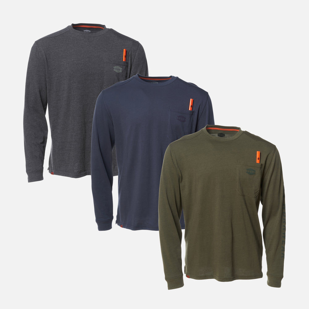 View 1 three BRUNT high quality long sleeve pocket tee in dark grey, navy blue and army green * 0 # FREE SHIRT