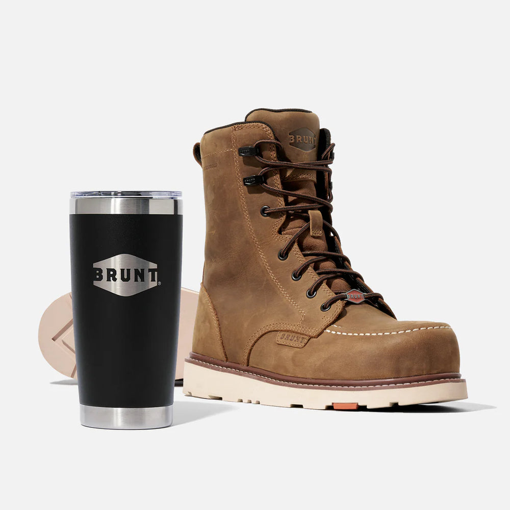 View 1 BRUNT 8 inch waterproof moc toe marin work boot in brown and 20oz BRUNT tumbler in black * # NEW