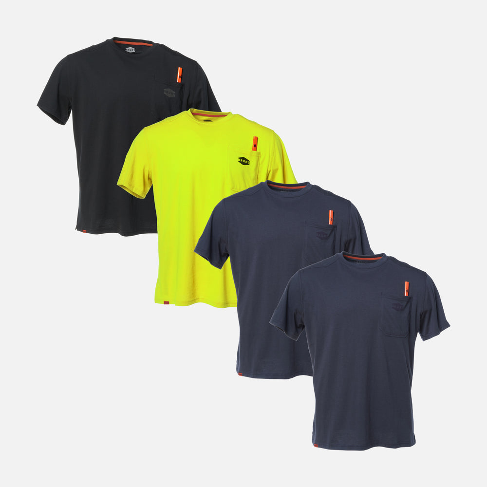 View 1 BRUNT high quality short sleeve pocket tee in black and hi vis yellow and two BRUNT high quality short sleeve pocket tee in navy * 0 # NEW