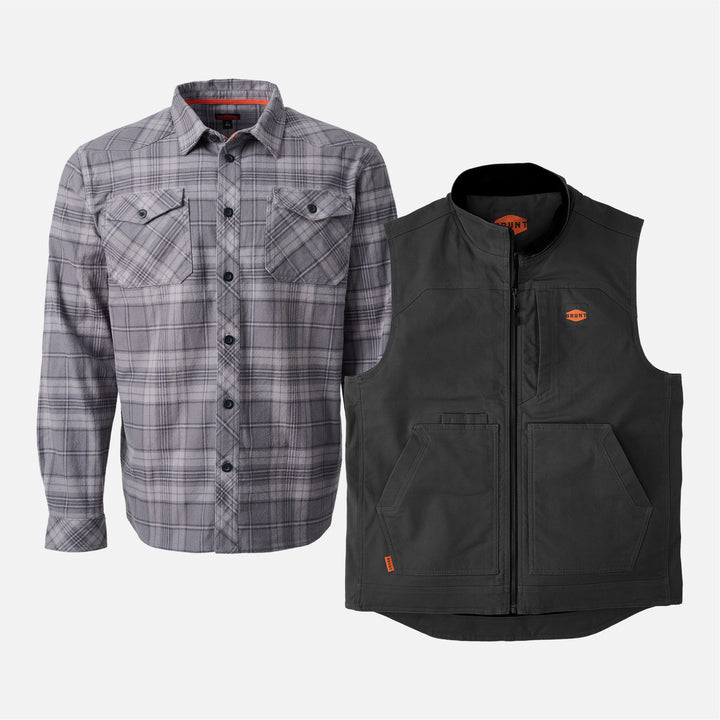 View 1 BRUNT heavy duty stretch work flannel in grey plaid and BRUNT quilted stretch canvas work vest in black * 0