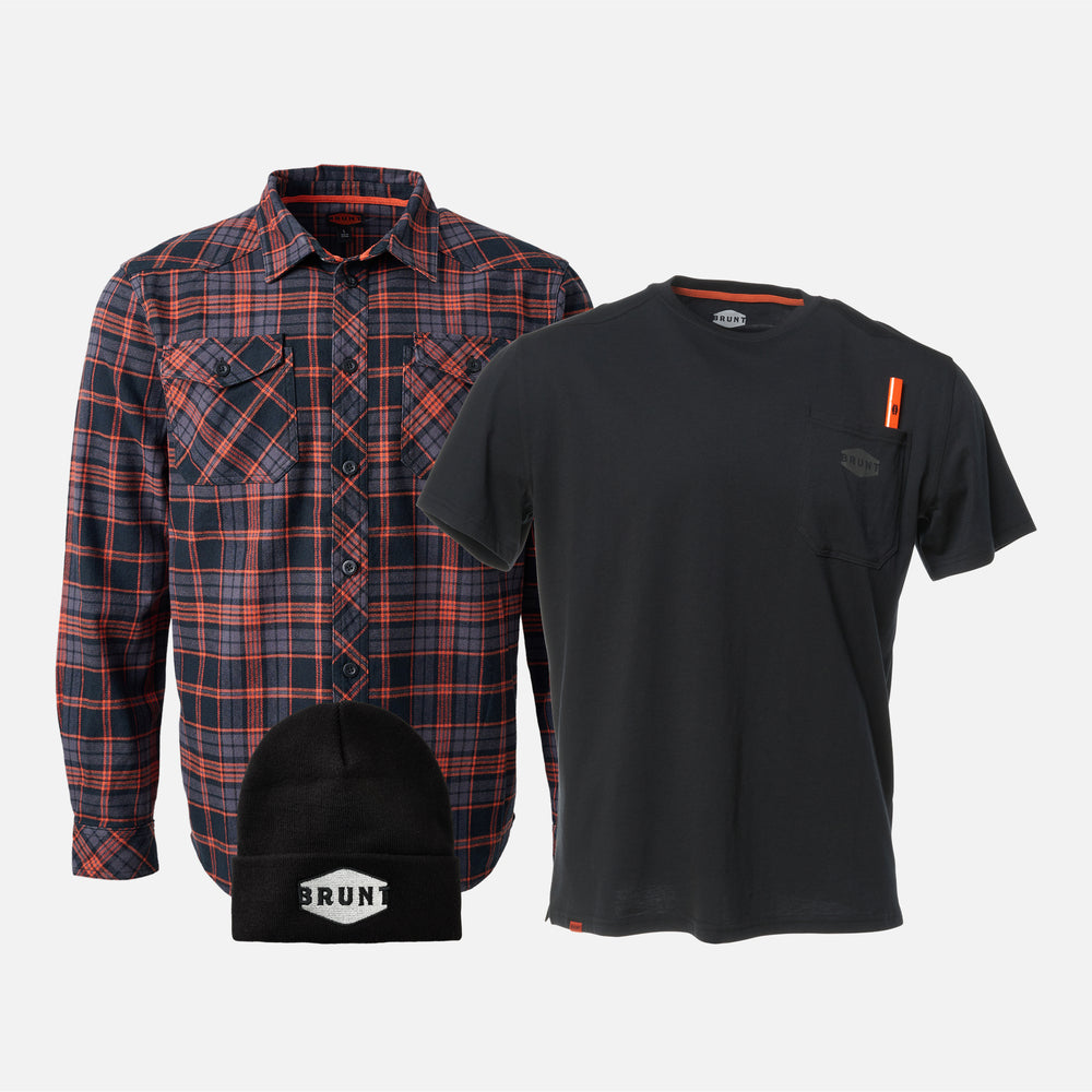 View 1 BRUNT heavy duty stretch work flannel in orange and black plaid, BRUNT high quality short sleeve pocket tee in black and BRUNT cuffed beanie in black and silver * 0