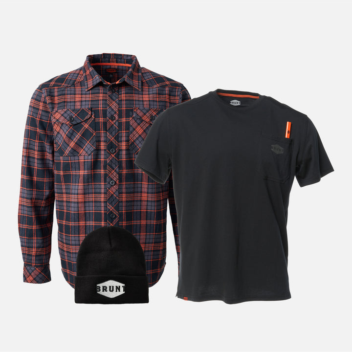 View 1 BRUNT heavy duty stretch work flannel in orange and black plaid, BRUNT high quality short sleeve pocket tee in black and BRUNT cuffed beanie in black and silver * 0