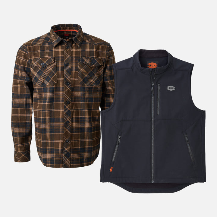 View 1  BRUNT heavy duty stretch work flannel in dark brown plaid and BRUNT quilted water-resistant work vest in black * 0