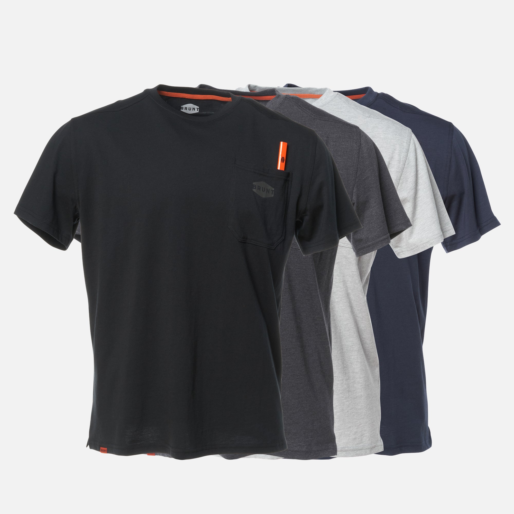 View 1 four BRUNT high quality short sleeve pocket tee in black, dark grey, light grey and navy blue