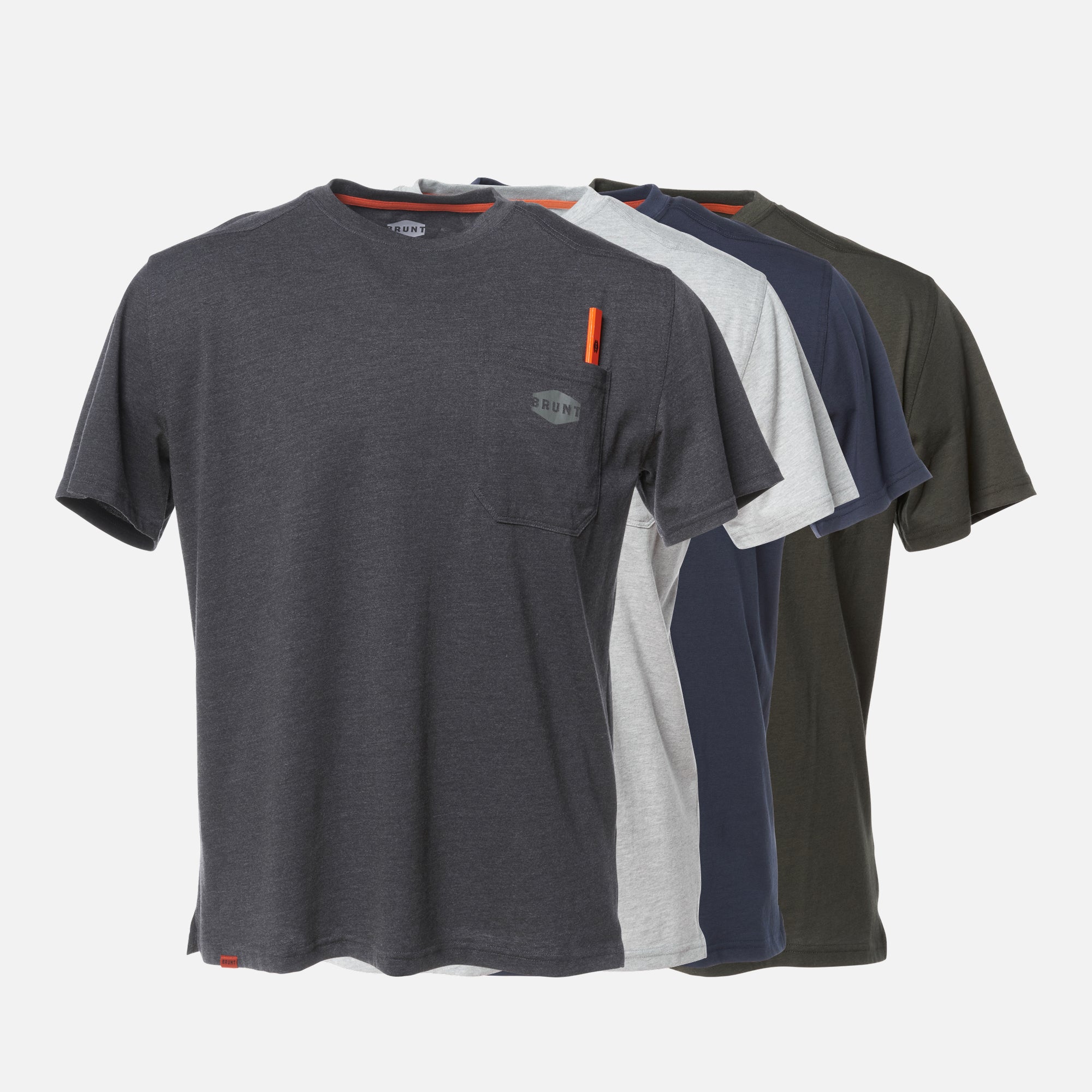 View 1 four BRUNT high quality short sleeve pocket tee in dark grey, light grey, navy and green