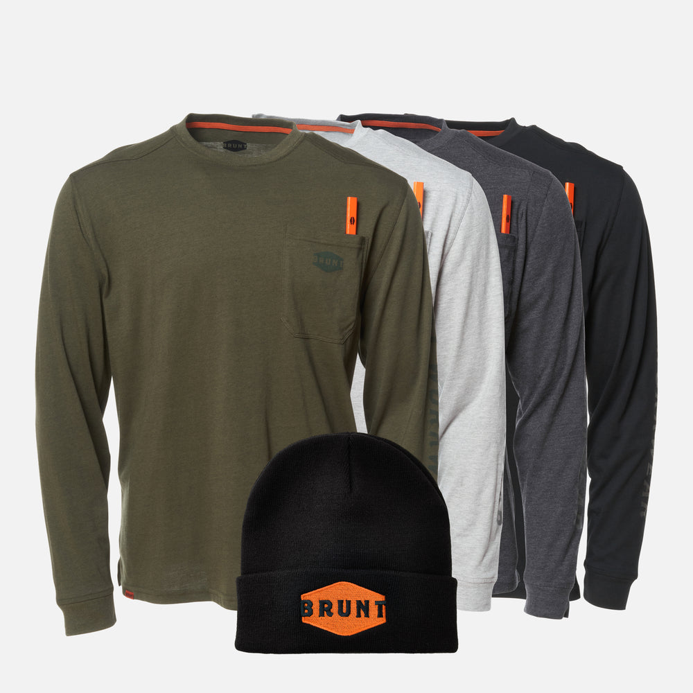 View 1 four of the BRUNT high quality long sleeve pocket tee in army green heather, light grey heather, dark grey heather and black with BRUNT high quality cuffed beanie in black and orange * 0 # FREE SHIRT + BEANIE