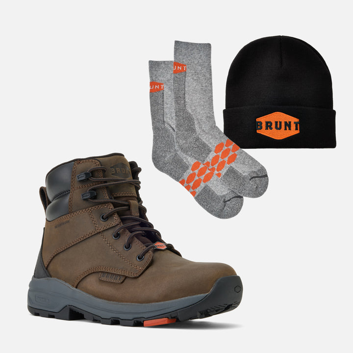 View 1 BRUNT 6 inch lightweight 90 degree heel work boot in dark brown with high quality, durable performance socks with BRUNT logo in grey and cuffed beanie in black and orange * # FREE BEANIE + SOCKS