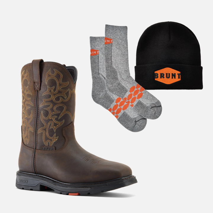 View 1 BRUNT 10 inch welted composite square toe work boot in dark brown with high quality, durable performance socks with BRUNT logo in grey and cuffed beanie in black and orange * # FREE BEANIE + SOCKS