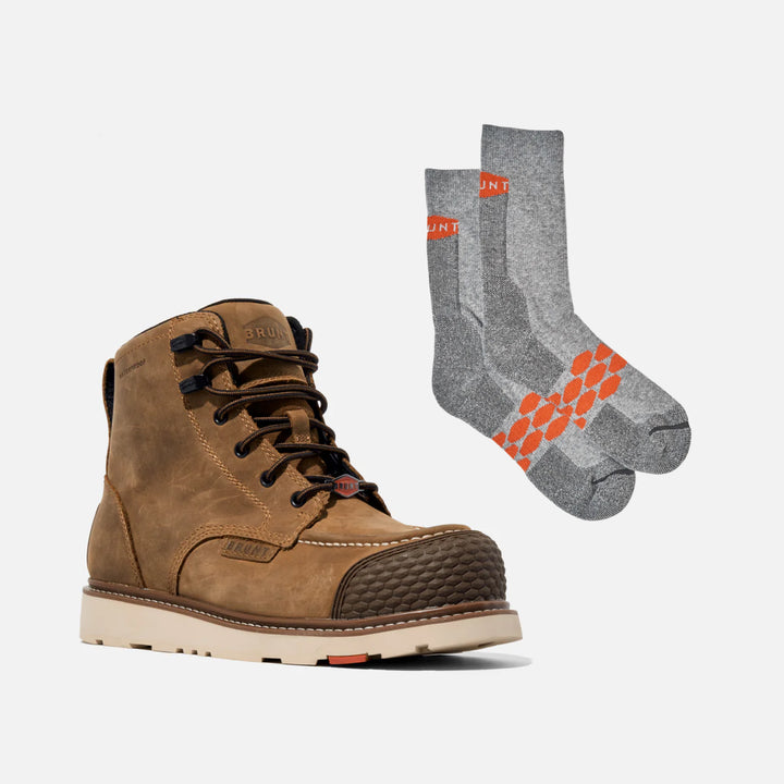 View 1 BRUNT 6 inch waterproof reinforced composite toe marin work boot in brown and high quality, durable performance socks with BRUNT logo in grey * # FREE SOCKS