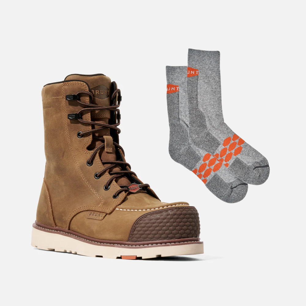 View 1 BRUNT 8 inch waterproof reinforced composite toe marin work boot in brown and high quality, durable performance socks with BRUNT logo in grey * # FREE SOCKS