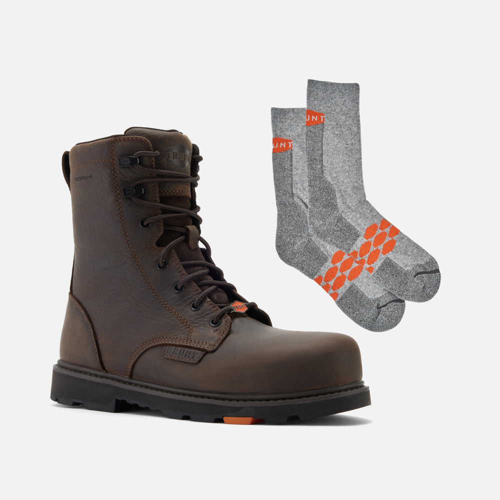 BRUNT 8 inch waterproof composite toe sullivan work boot in dark brown and high quality, durable performance socks with BRUNT logo in grey * # FREE SOCKS