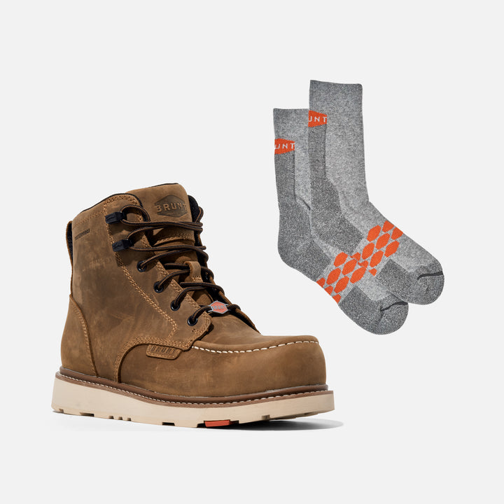 View 1 BRUNT 6 inch waterproof composite toe marin work boot in brown and high quality, durable performance socks with BRUNT logo in grey * 0 # FREE SOCKS