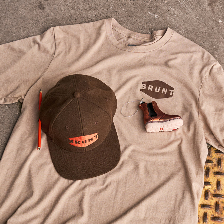 View 1 BRUNT limited edition desert tan t-shirt, brown wool snapback and BRUNT boot ornament * # NEW