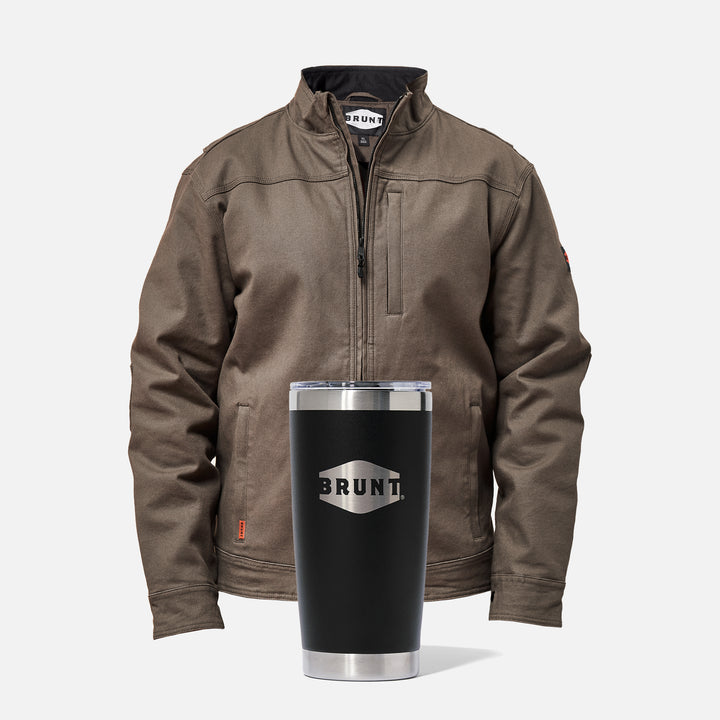 View 1 BRUNT utility scott work jacket in brown with 20oz BRUNT tumbler in black *  0 # FREE TUMBLER