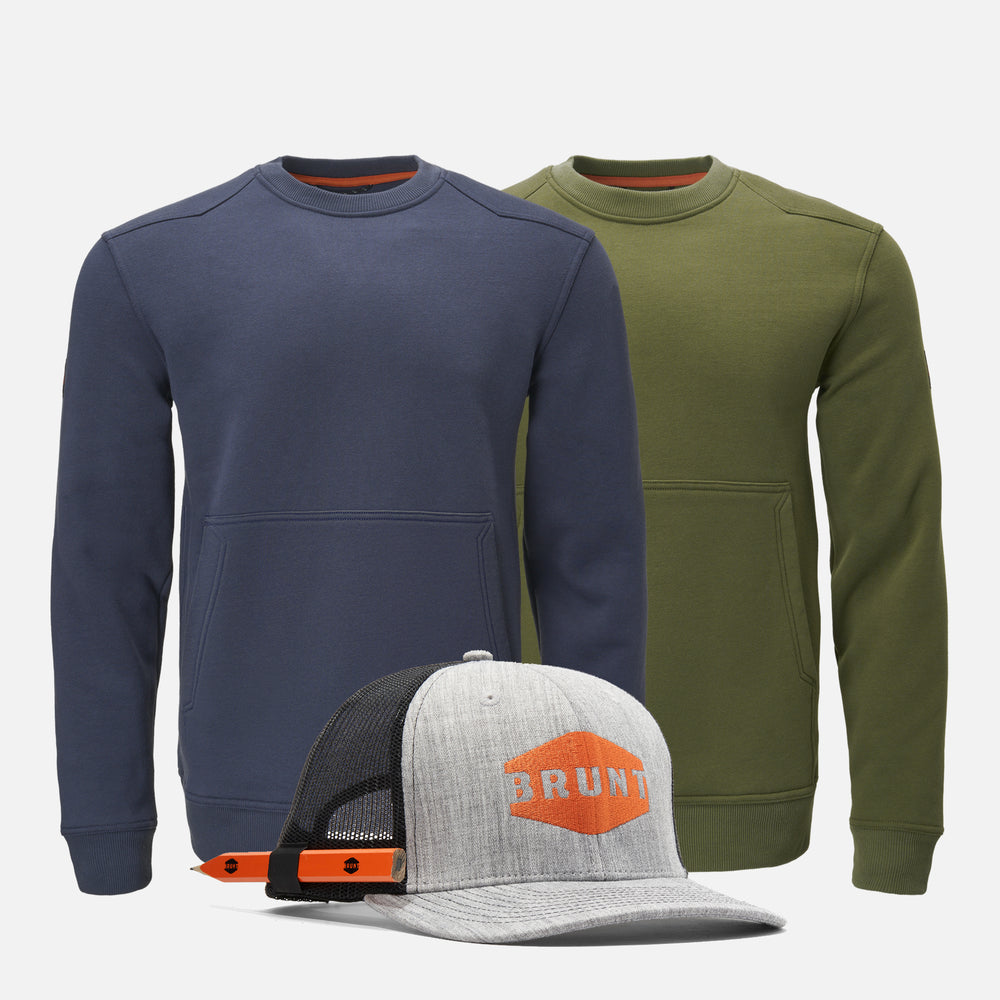 View 1 two BRUNT water resistant midweight crewneck in navy and hunter green with BRUNT curved brim work hat with built in pencil holder and BRUNT logo in grey * 0 # FREE HAT