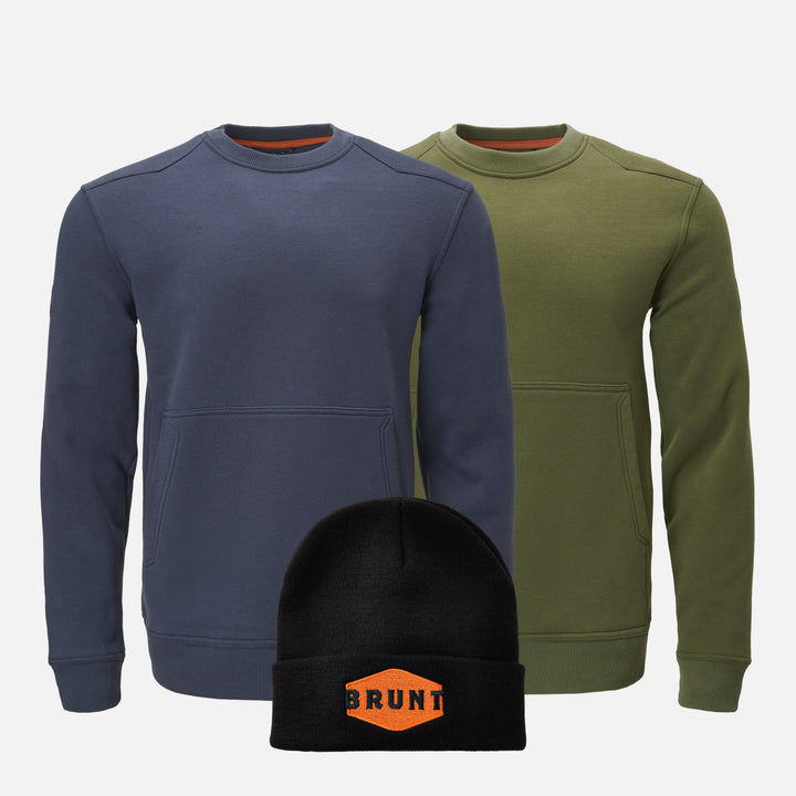 View 1 two BRUNT water resistant midweight crewneck in navy and hunter green with BRUNT high quality cuffed beanie in black and orange * 0 # FREE BEANIE
