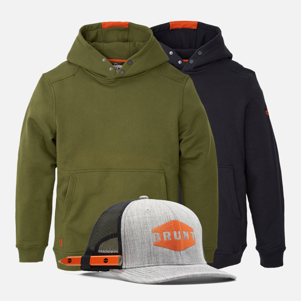 View 1 two BRUNT water resistant shevlin work hoodies in hunter green and black with BRUNT curved brim work hat with built in pencil holder and BRUNT logo in grey * 0 # FREE HAT