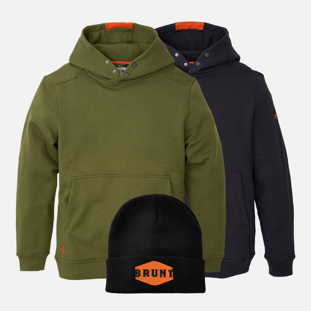 View 1 two BRUNT water resistant shevlin work hoodies in hunter green and black with BRUNT high quality cuffed beanie in black and orange * 0 # FREE BEANIE