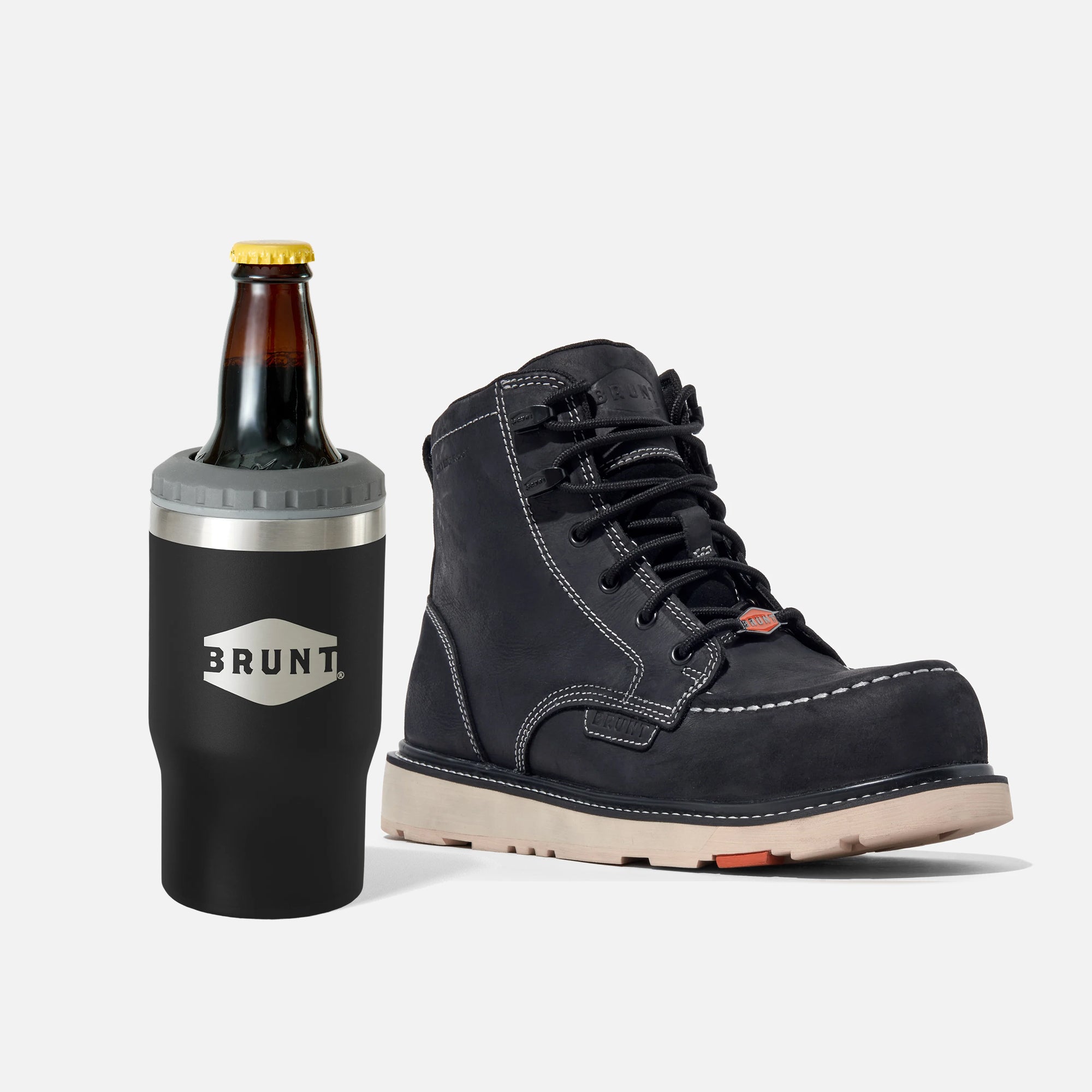 BRUNT 6 inch waterproof moc toe marin work boot in black with 4-in-1 BRUNT tumbler in black