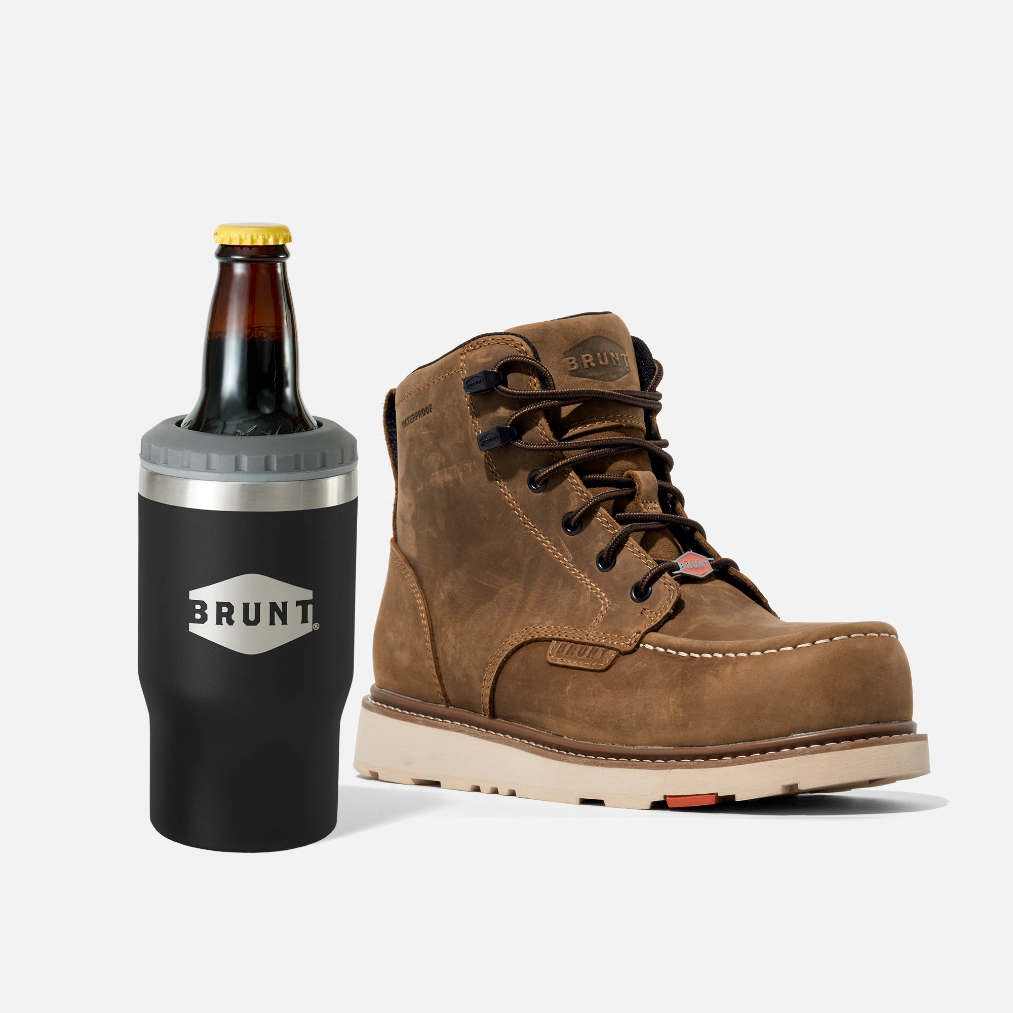 View 1 BRUNT 6 inch waterproof moc toe marin work boot in brown with 4-in-1 BRUNT tumbler in black