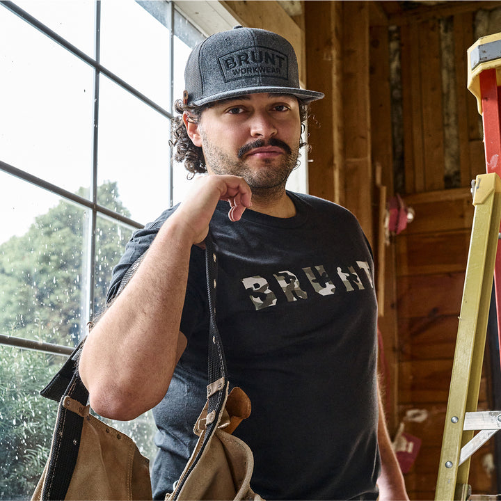 View 1 BRUNT limited edition black camo t-shirt and grey wool snapback* # NEW