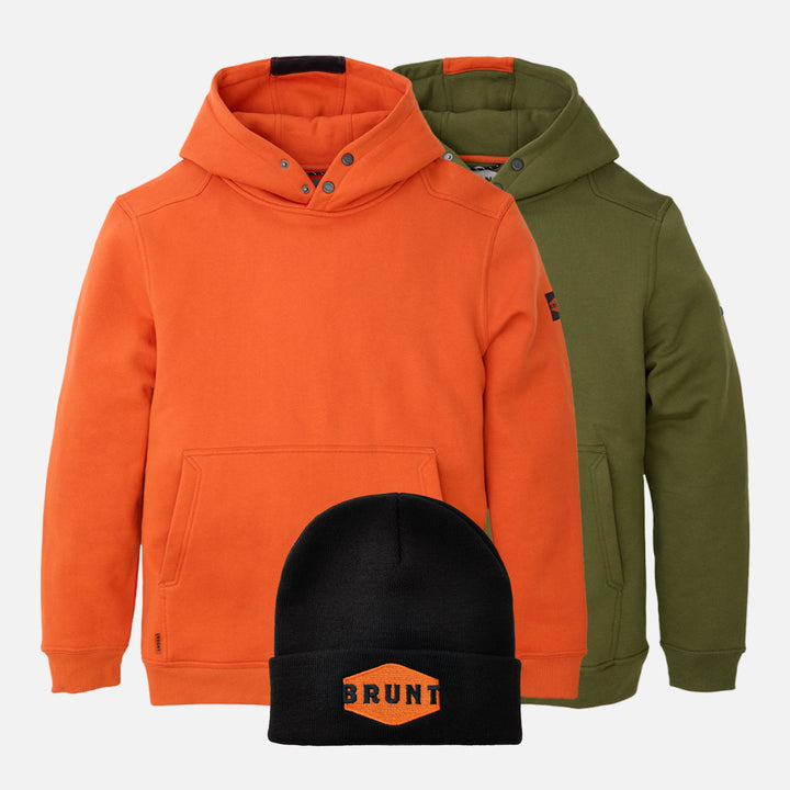 View 1 two BRUNT water resistant shevlin work hoodies in BRUNT orange and hunter green with BRUNT high quality cuffed beanie in black and orange * 0 # FREE BEANIE
