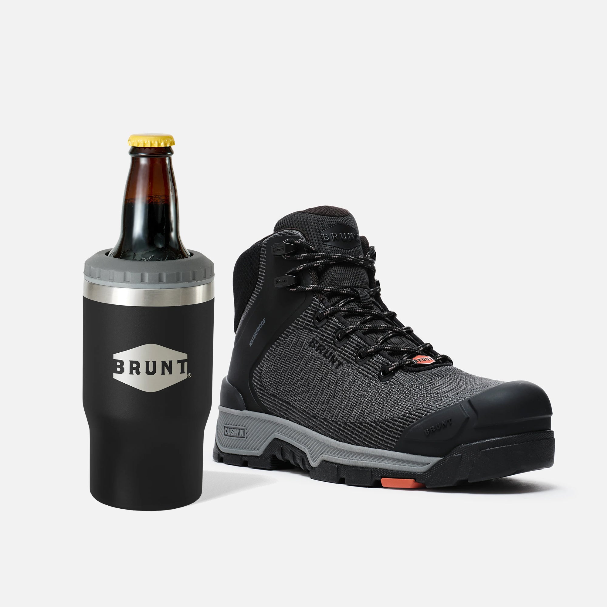 View 1 BRUNT 6 inch lightweight 90 degree heel composite toe work boot in black and 4-in-1 BRUNT tumbler in black
