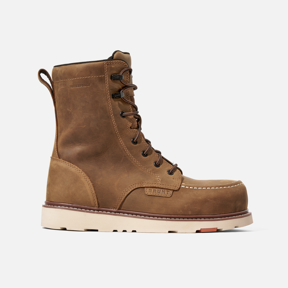 Right side of the BRUNT 8 inch waterproof moc toe marin work boot in brown