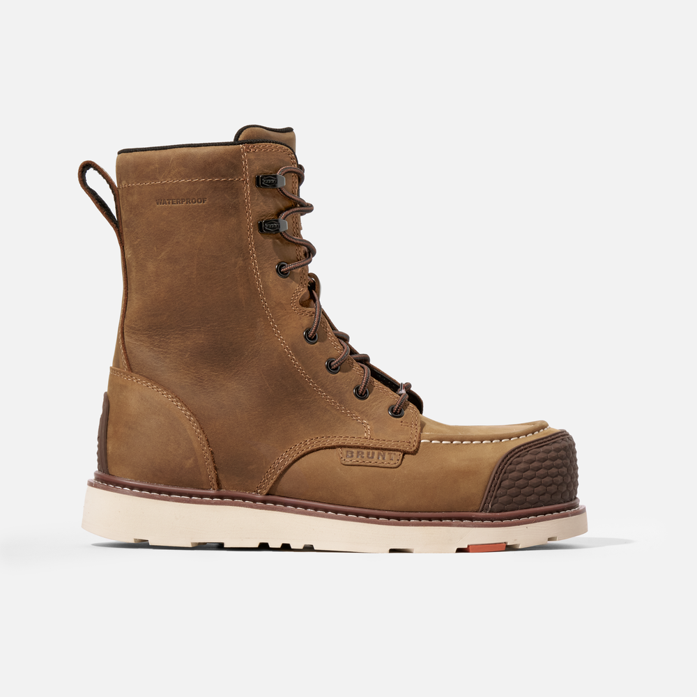 Right side of the BRUNT 8 inch waterproof reinforced composite toe marin work boot in brown