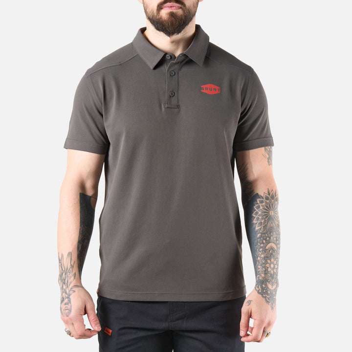 View 1 front of the BRUNT lightweight breathable polo with UPF protection in carbon * 0
