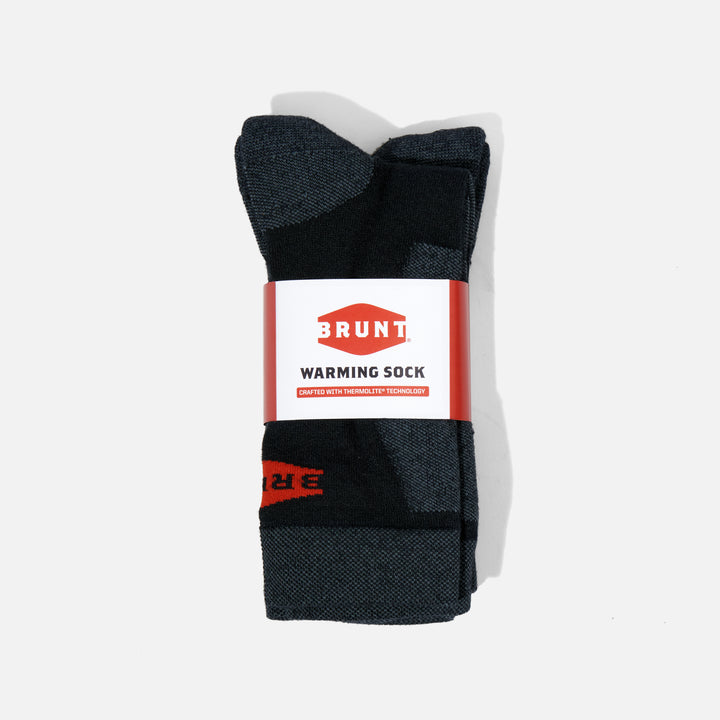 View 1 durable warming socks from THERMOLITE yarn with BRUNT logo in black folded in package * # 2 PACK