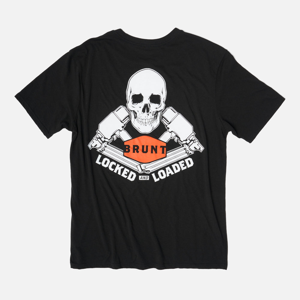 Back of the BRUNT high quality t-shirt in black with locked and loaded graphic on back