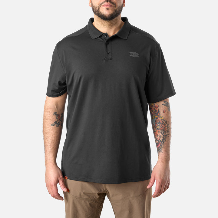 View 1 front of the BRUNT lightweight breathable ventilated tech polo with UPF protection in black * 0 