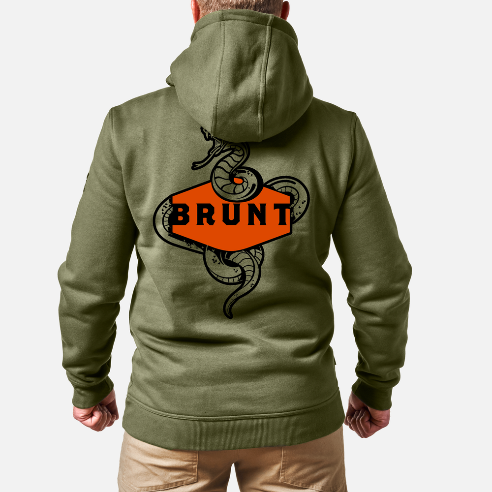 View 1 back of the BRUNT water resistant shevlin work hoodie in hunter green with viper graphic * 0