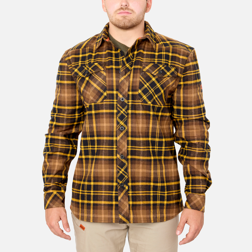 Front of the BRUNT heavy duty stretch work flannel in brown plaid * 0