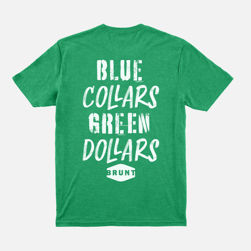 View 1 back of the BRUNT high quality t-shirt in green frost with blue collars green dollars graphic on back * # LIMITED EDITION