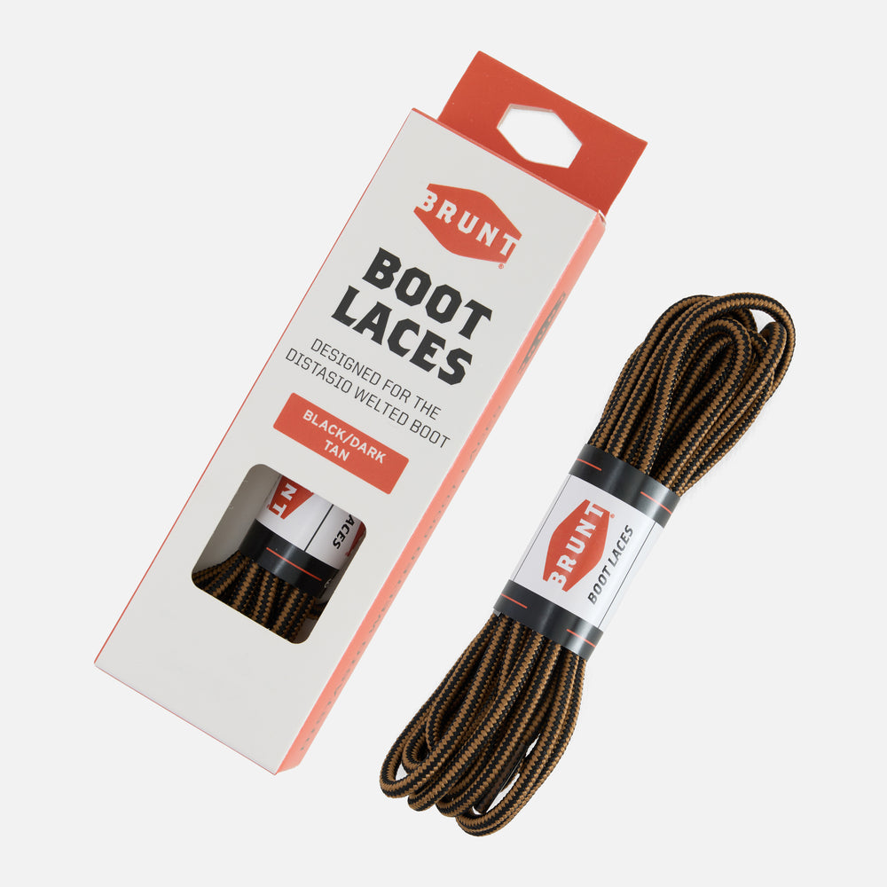 View 1 BRUNT distasio welted replacement laces and laces in packaging in black/dark tan