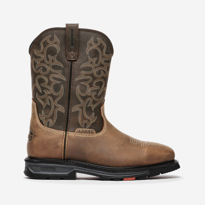 View 1 right side of the BRUNT 10 inch welted waterproof composite square toe work boot in dark brown and dark tan * # LIMITED EDITION