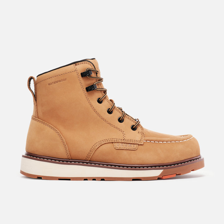 View 1 right side of the limited edition BRUNT 6 inch waterproof moc toe marin work boot in wheat * # LIMITED EDITION