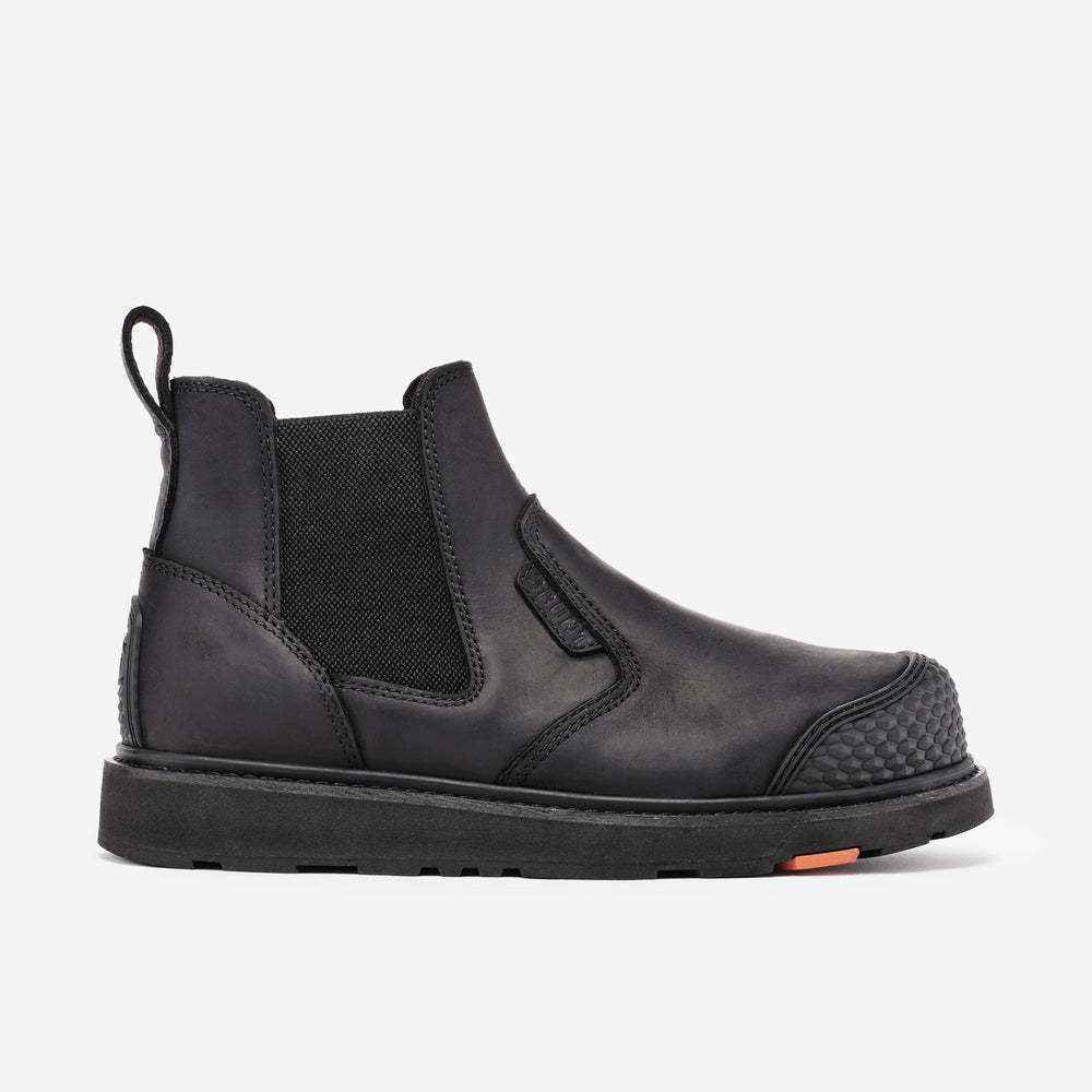 View 1 right side of the limited edition BRUNT 6 inch water-resistant slip-on reinforced composite toe ohman work boot in black * # LIMITED EDITION
