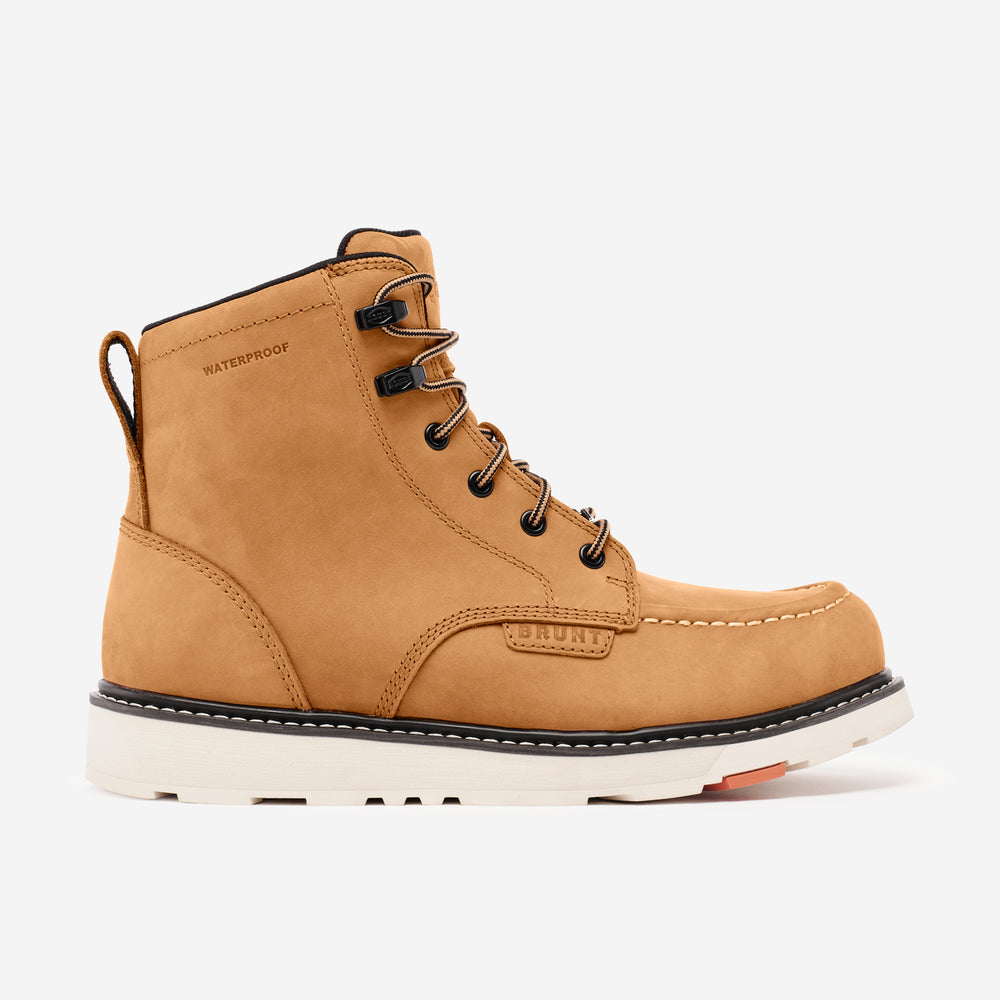 View 1 right side of the BRUNT 6 inch waterproof moc toe marin work boot in wheat * # LIMITED EDITION