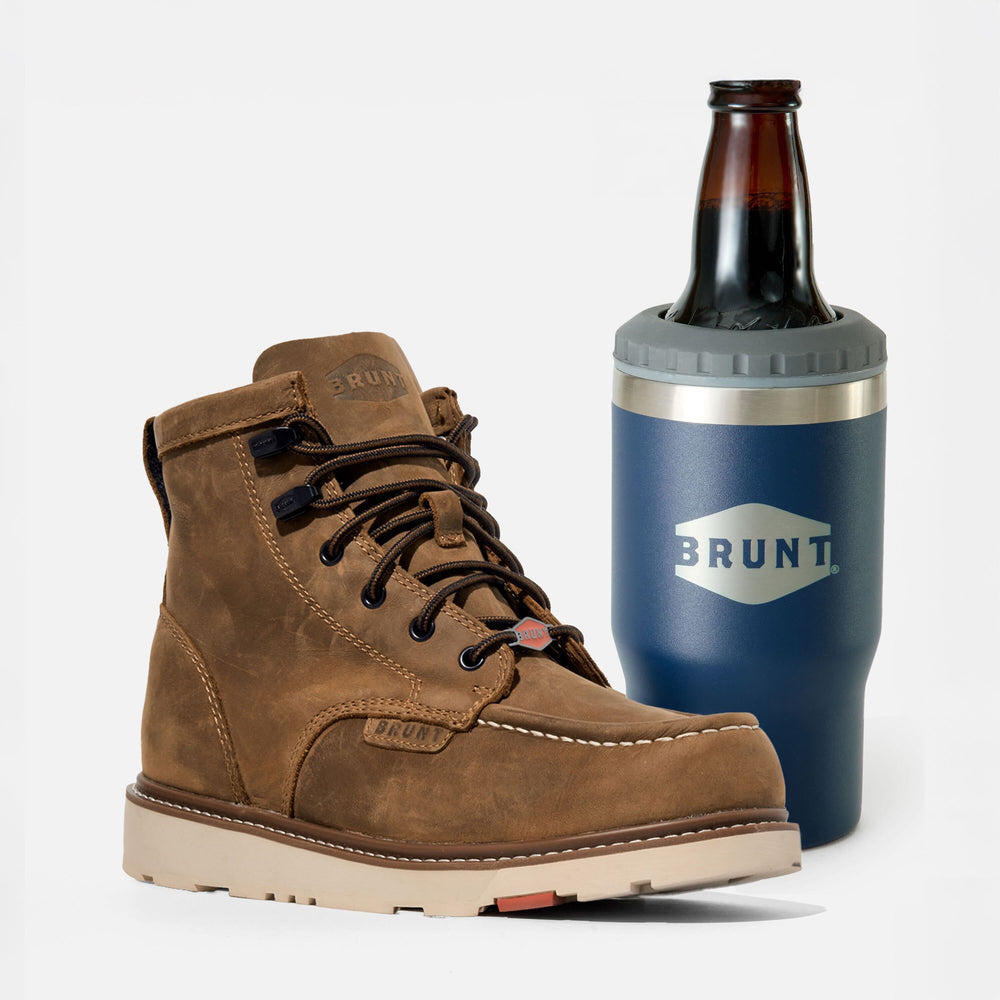 BRUNT 6 inch waterproof moc toe marin work boot in brown with BRUNT 4 in 1 tumbler in navy