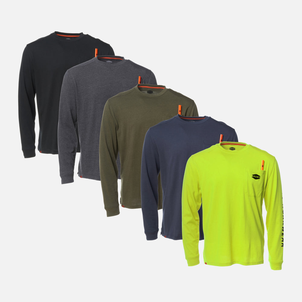 View 1 five BRUNT high quality long sleeve pocket tee in black, dark grey, army green, navy and hi vis yellow * # FREE SHIRT