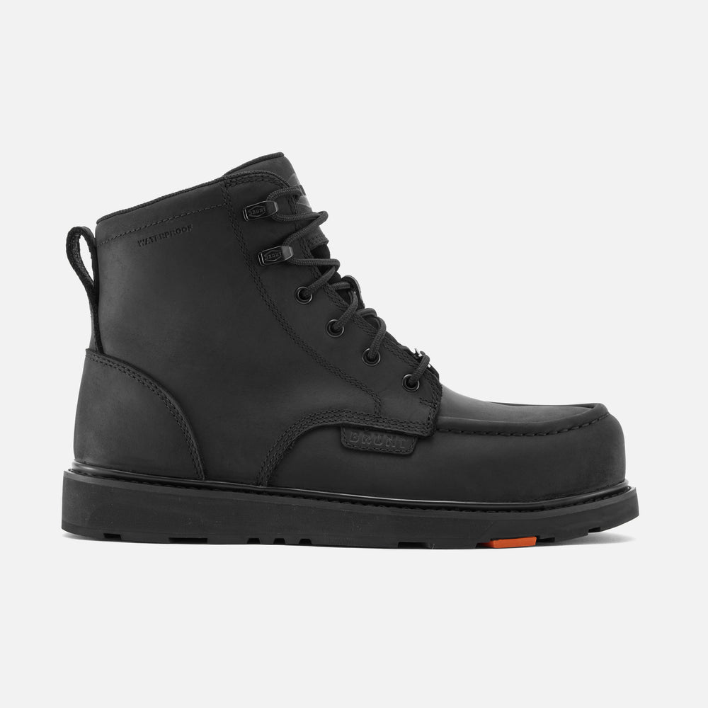 View 1 right side of the limited edition BRUNT 6 inch waterproof moc toe marin work boot in black * # LIMITED EDITION